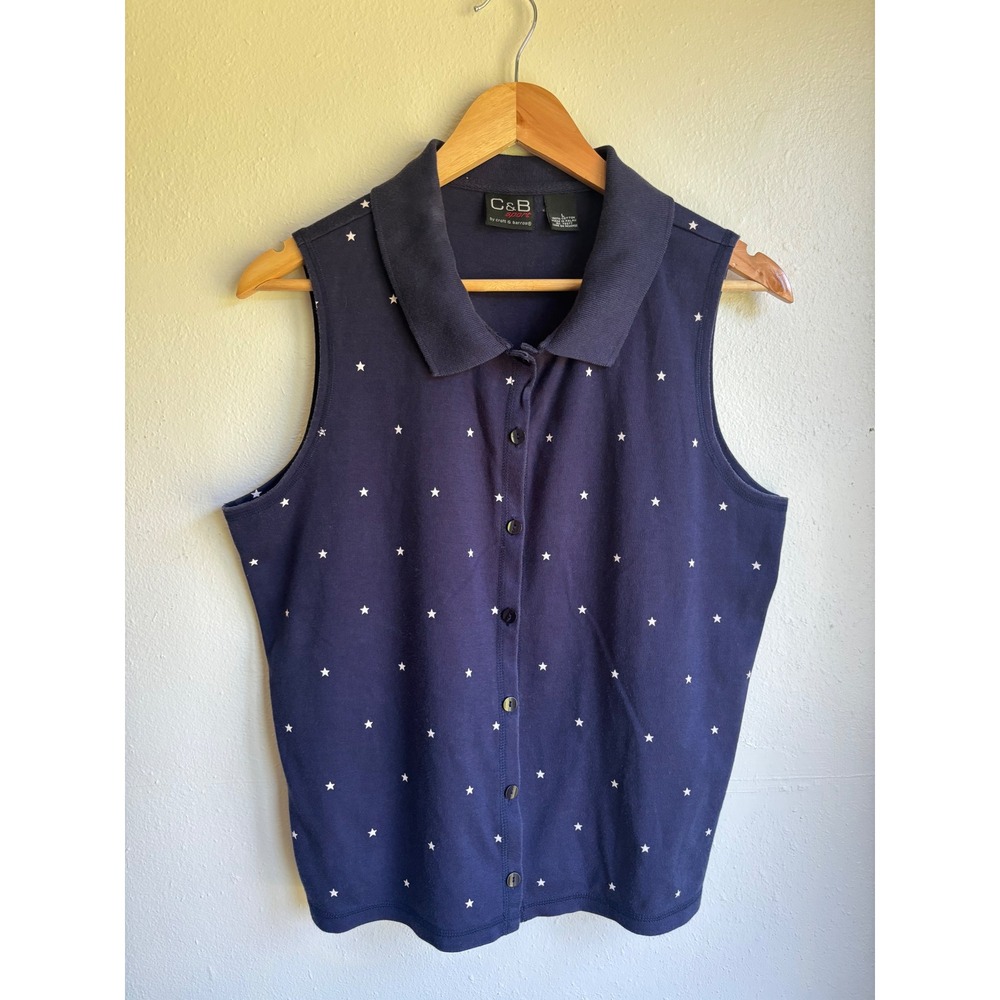 C&B Sport Croft & Barrow Navy Blue Star Print Sleeveless Button Polo Top Large